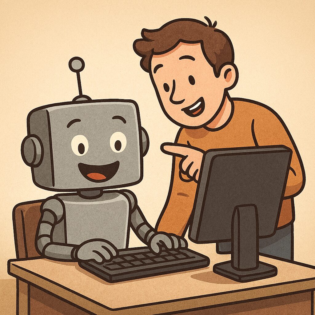 A cartoon image drawn by Microsoft Copilot with the prompt "draw me a picture of a happy robot using a computer with a human behind it giving it directions on what to do."